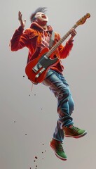 A cute and funny Asian music lover wearing a red hoodie. He plays a guitar solo, jumping up in air