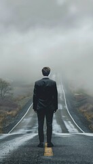 A businessperson in formal attire stands at the beginning of a long, winding road extending horizon
