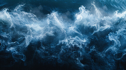 A depiction of smoke in the form of a breaking wave, its crest a brilliant white against the deep blue. - obrazy, fototapety, plakaty
