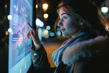 woman utilizes the touch screen of an interactive kiosk on a night street, her finger to navigate