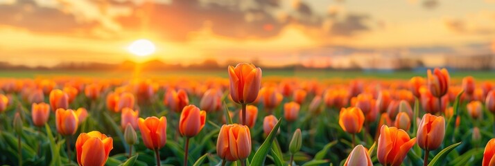 Panoramic landscape of orange beautiful blooming tulip field in Holland Netherlands in spring, illuminated by the sun