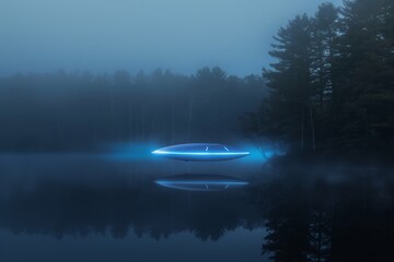 An alien spaceshift on a lake, in forest at night, twilight