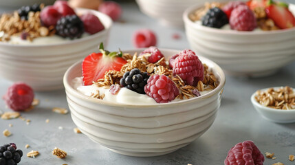 A bowl of yogurt with raspberries and granola on a wooden table