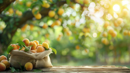 ripe apricots in a bag on a wooden table
