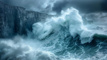 Naklejka premium A large wave is crashing into a rocky shore