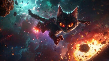 Intense black cat with fiery eyes soaring through space with a backdrop of cosmic explosions - obrazy, fototapety, plakaty