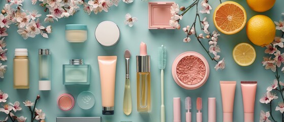 The image shows various beauty products arranged on a blue background. The products include skincare items such as moisturizers, serums, and cleansers, as well as makeup products such as lipstick, eye