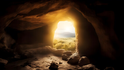 Silhouette of the entrance to a cave with light at the end. Selective focus