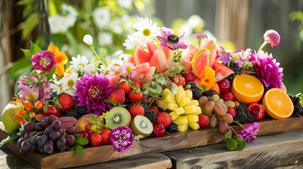 Colorful fruit and floral arrangement showcasing nature's bounty