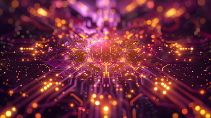 Fototapeta na wymiar Abstract futuristic technology background with amber and violet lights in the center. creating lattice patterns on a rich maroon backdrop. High-tech digital elements