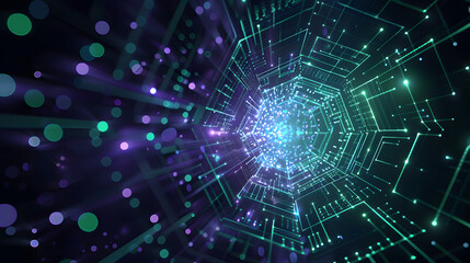 Obraz na płótnie Canvas Abstract futuristic technology background with green and purple lights in the center. creating hexagonal patterns on a deep navy backdrop. High-tech digital elements
