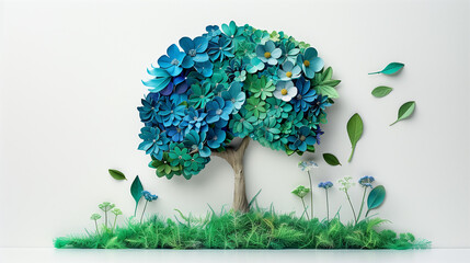  Brain-shaped tree with green & blue leaves, flowers. Seedlings sprout at base. Symbolic Earth Day message: thinking green, growth, new beginnings. copy space