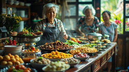 A Thai family hosting a meal in their home, a spread of local dishes that tell a story of culinary tradition