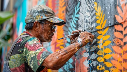 Street artists painting murals in Bangkok�s creative district, blending traditional Thai motifs with contemporary art