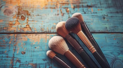 Professional makeup brushes set on rustic blue wooden background