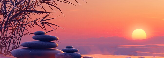Tranquil sunrise over serene lake with zen stones