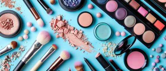 Flat lay of various makeup products and tools on a blue background