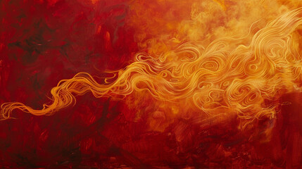 A golden mist swirls gracefully on a canvas of deep crimson, its ethereal form reminiscent of a...