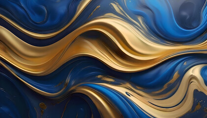 Swirling golden and blue. Acrylic Fluid Art. Dark blue waves in abstract ocean and golden foamy waves. Marble effect background or texture. Spectacular abstract glistening golden solid liquid waves 3D - obrazy, fototapety, plakaty