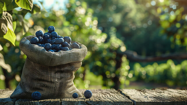 blueberries in a bag on a wooden table