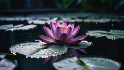 A Fresh and purple Beautiful Lotus Flower is Blooming and glowing in the morning in a pond.