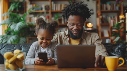 African American Man and little girl engrossed in laptop and smartphone screen, discussing computer application or money transfer
