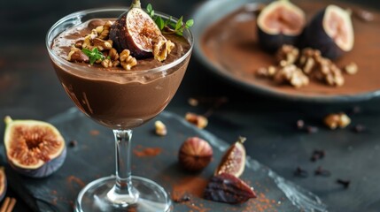 Dessert with chocolate and nuts in glass