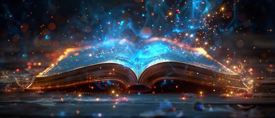 An open book with bright light and sparkles coming out of it. - obrazy, fototapety, plakaty