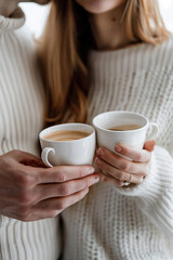 man and woman close-up holding coffee in white cups