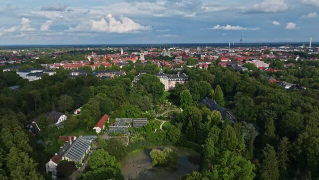 Aerial drone view of University of M&uuml;nster ( Westf&auml;lische Wilhelms-Universit&auml;t-M&uuml;nster ) in Germany . This prestigious university has a historic botanical garden . 