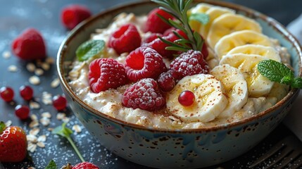 A flavorful bowl of oatmeal with fresh raspberries and sliced bananas makes for a colorful and...