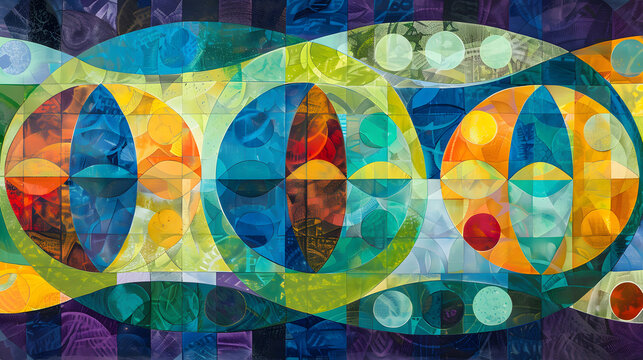 Abstract panorama with lively geometric patterns. containing ovals and diamonds in blues