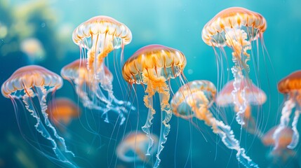Serene underwater dance of orange jellyfish - obrazy, fototapety, plakaty