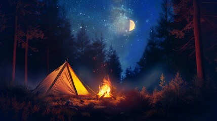 Serene night camping in the forest with tent and warm bonfire beneath the starlit sky