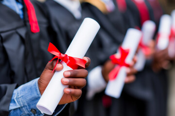 Close-up of graduates with diplomas in hand at graduation ceremony.