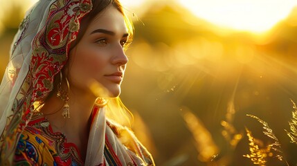 Radiant young woman in traditional attire at golden hour - Powered by Adobe