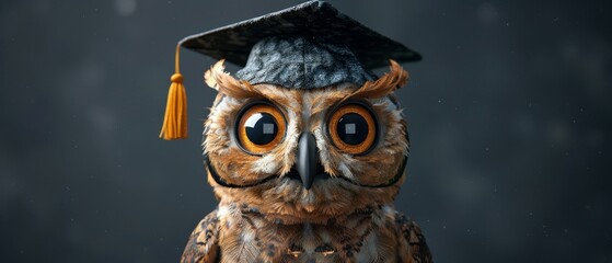 A wise owl wearing a graduation cap is looking at you with big eyes. - obrazy, fototapety, plakaty