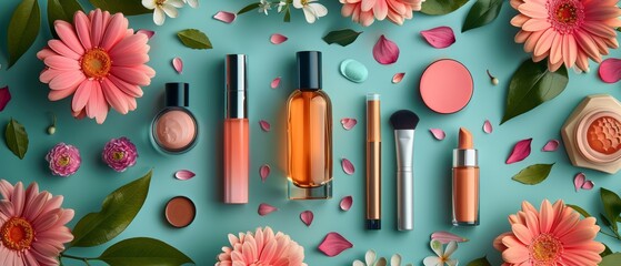 A variety of makeup products are arranged on a blue background with pink and white flowers. - obrazy, fototapety, plakaty