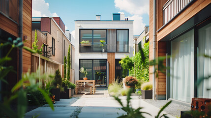 An advanced townhouse with a composting system. embodying waste reduction and sustainable living in Belgium. The image is captured from the courtyard