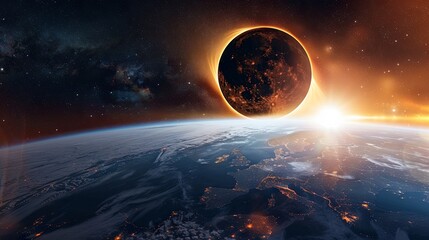 Cosmic dawn over earth with an eclipsing planet - obrazy, fototapety, plakaty