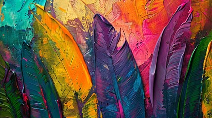 Colorful textured paintbrush strokes and vibrant feather patterns