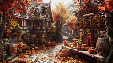 An enchanting Autumn-themed cider mill. adorned with harvest-themed decorations and a variety of ciders - obrazy, fototapety, plakaty