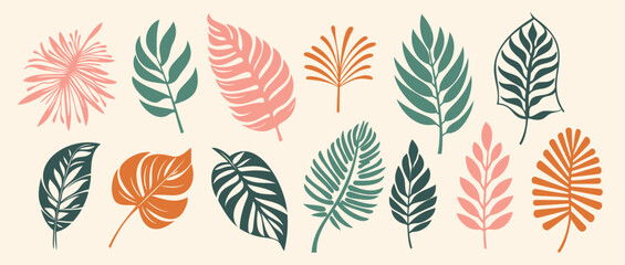 Set of abstract colorful tropical leaves. Vector design elements in flat style. Tropical palm leaves, jungle leaves, botanical vector illustration, collection isolated on white background.