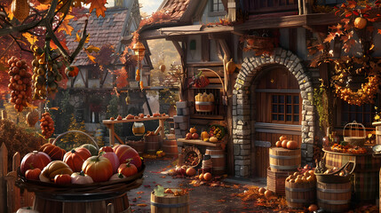 An enchanting Autumn-themed cider mill. adorned with harvest-themed decorations and a variety of ciders