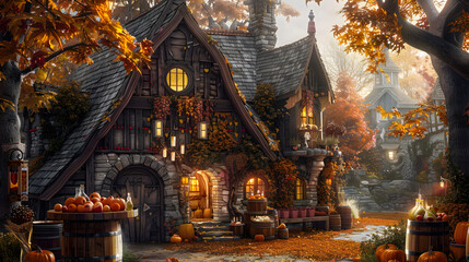 Fototapeta premium An enchanting Autumn-themed cider mill. adorned with harvest-themed decorations and a variety of ciders