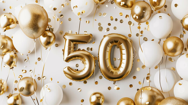 Stockphoto, Background for a 50 years birthday, golden wedding anniversary, golden numbers on a white background. Golden and white balloons. Golden numbers, text "50". Party invitation, menu.