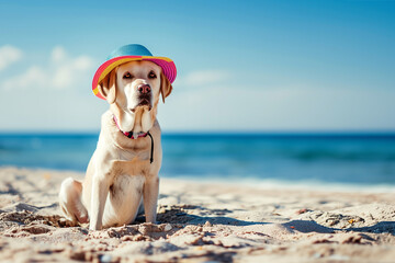 A Labrador dog wearing a bright colored sun hat sits on the sand at a sea beach. Concept of travel, vacation, rest. Copy space. - 790147955