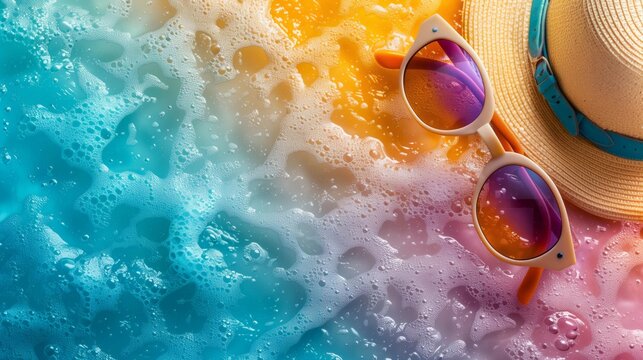 Elegant sunglasses resting on a sunhat with a colorful reflective water backdrop