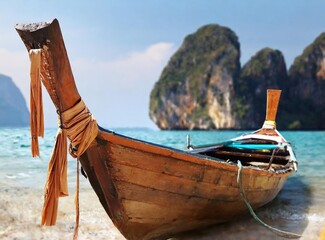 Thai traditional wooden longtail boat on the coast of Thailand 