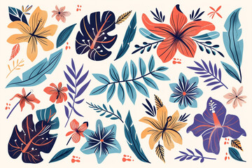 Compilation of doodled floral elements, showcasing an array of scribble-inspired wildflowers and abstract designs, summer tone, palm leaves, tropical leaves